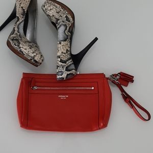 Coach red large leather wristlet wallet clutch